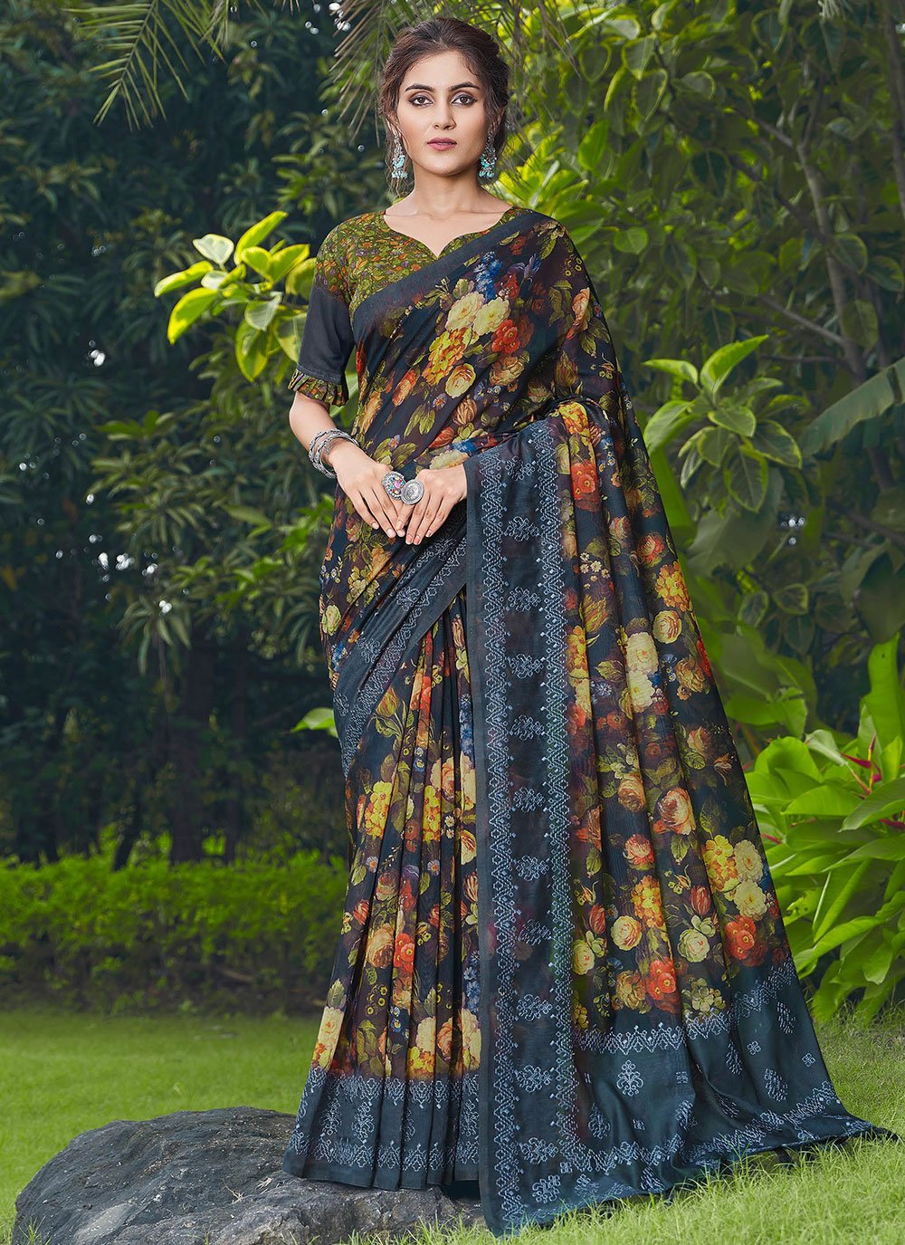 Classic Linen Blue Embroidered Saree