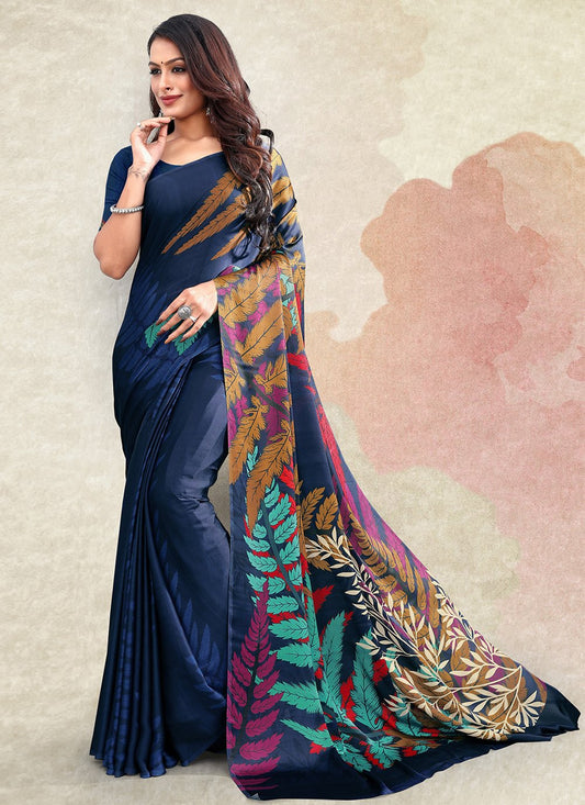 Contemporary Satin Blue Print Saree