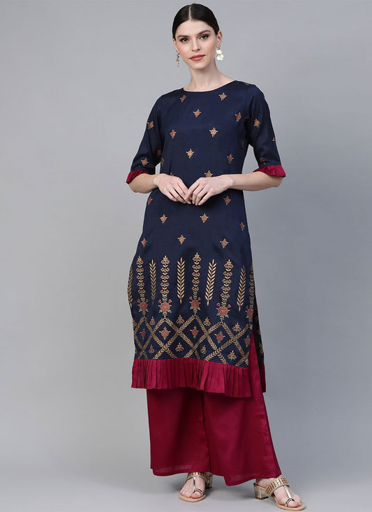 Casual Kurti Poly Silk Blue Print Kurtis