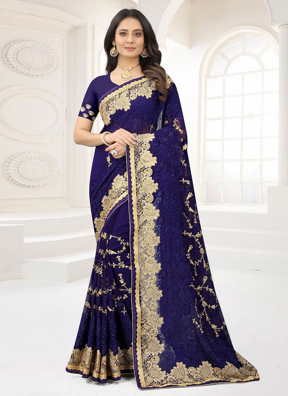 Classic Georgette Blue Embroidered Saree