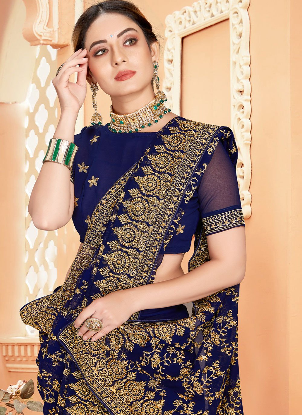 Classic Georgette Blue Embroidered Saree