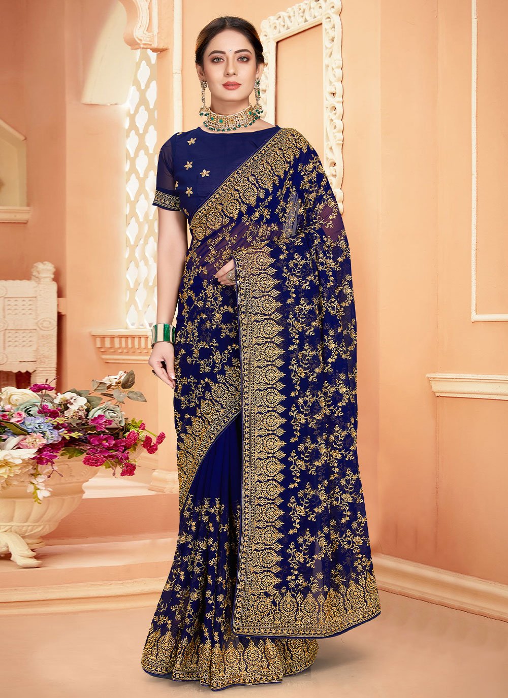 Classic Georgette Blue Embroidered Saree