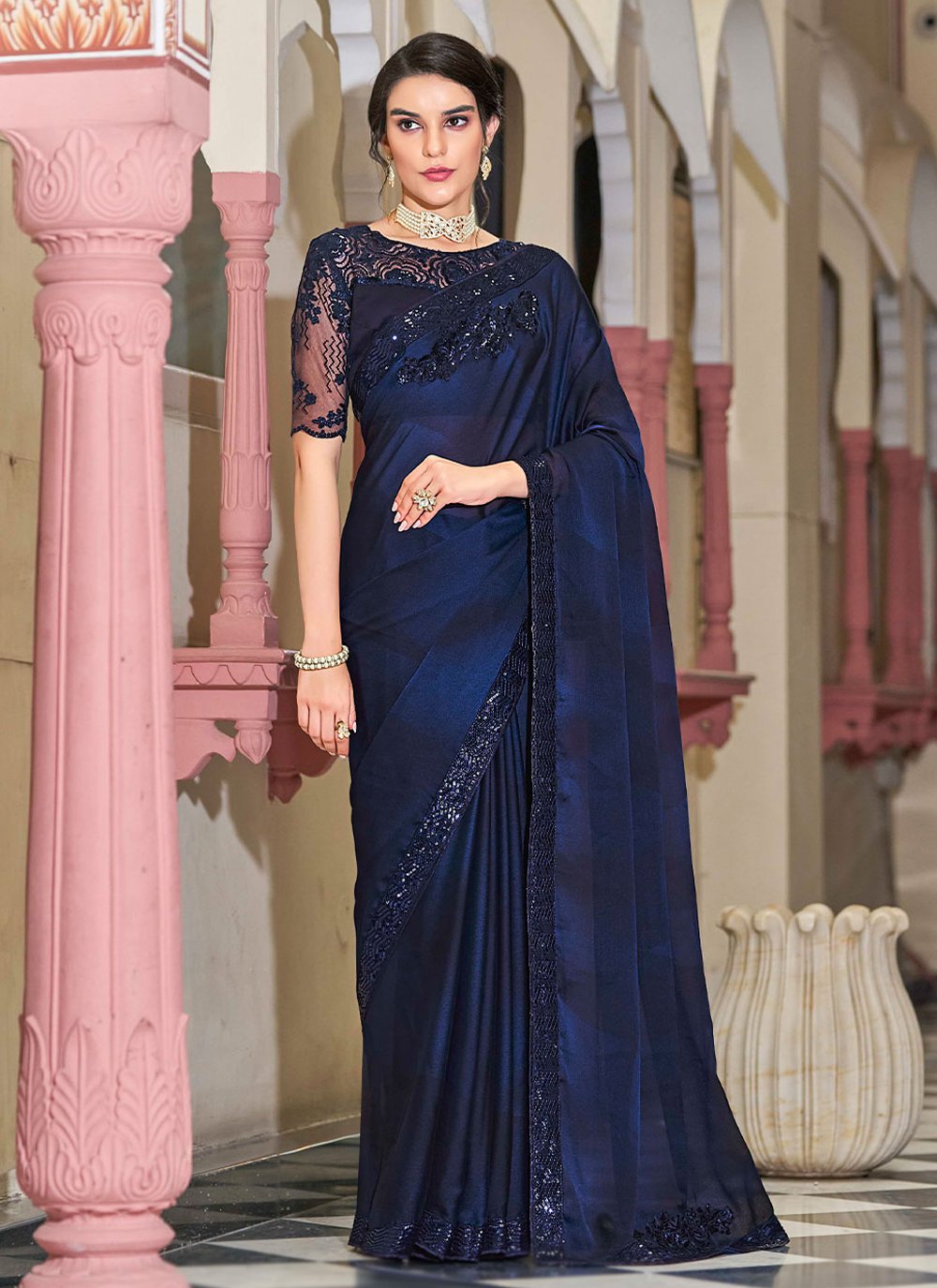 Designer Silk Blue Embroidered Saree