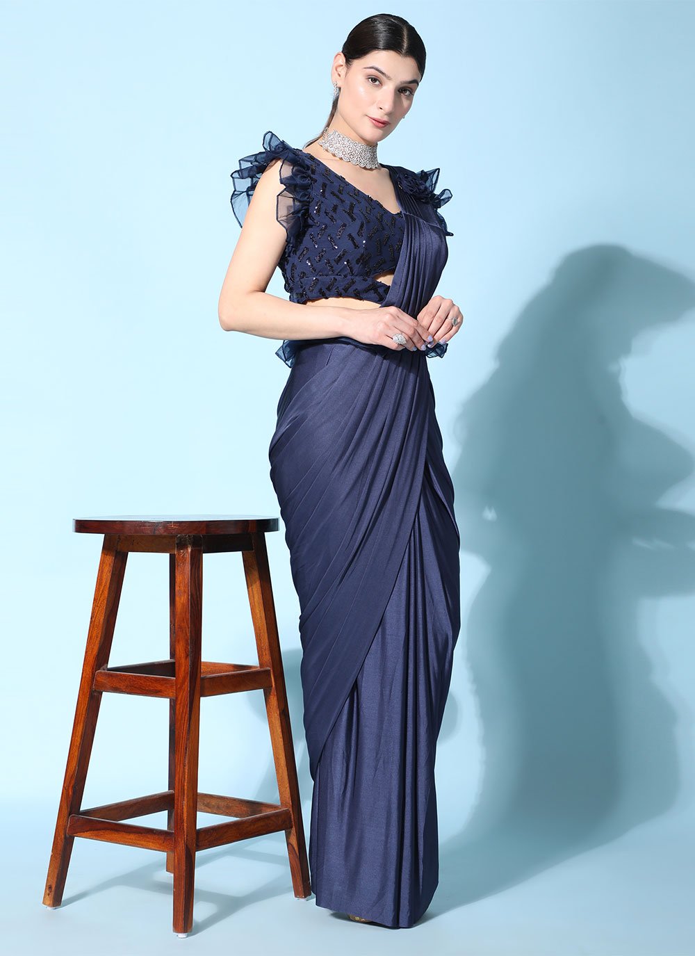 Classic Imported Blue Ruffle Saree