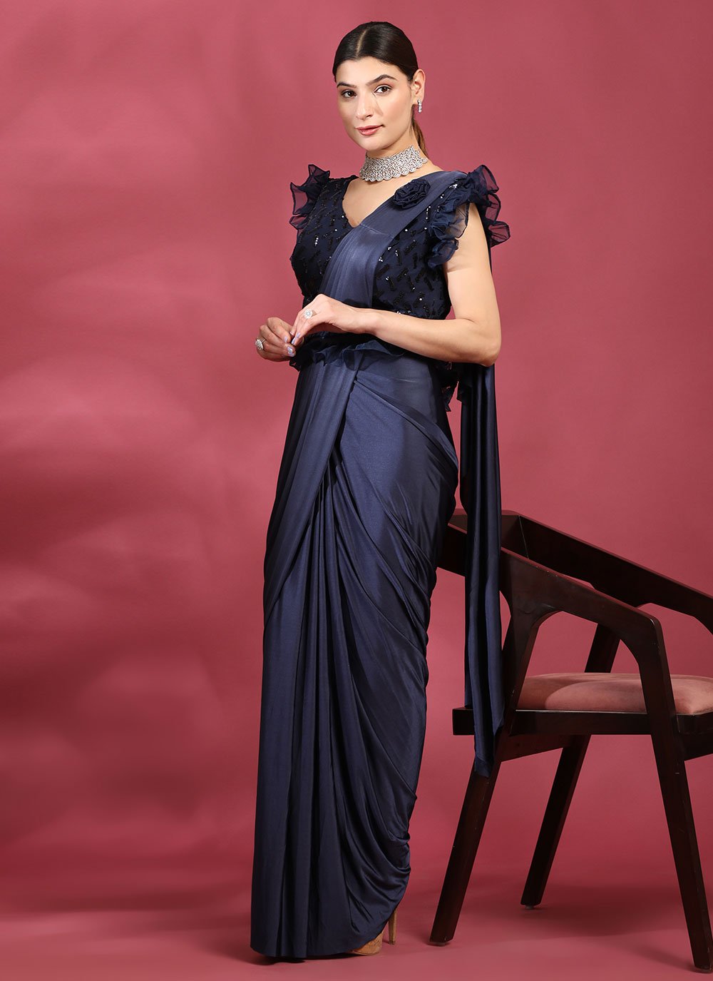 Classic Imported Blue Ruffle Saree