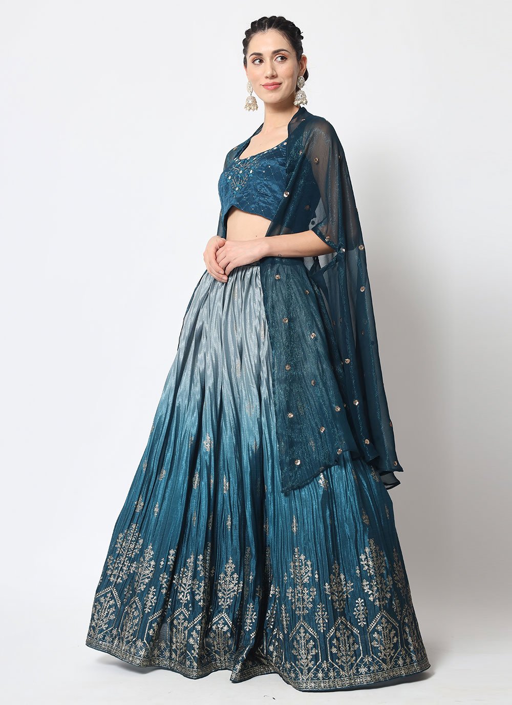 A Line Lehenga Chinon Silk Blue Embroidered Lehenga Choli