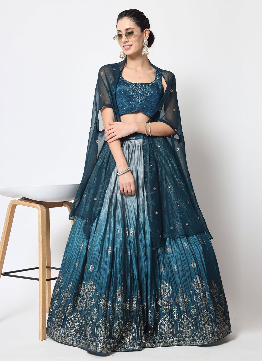 A Line Lehenga Chinon Silk Blue Embroidered Lehenga Choli