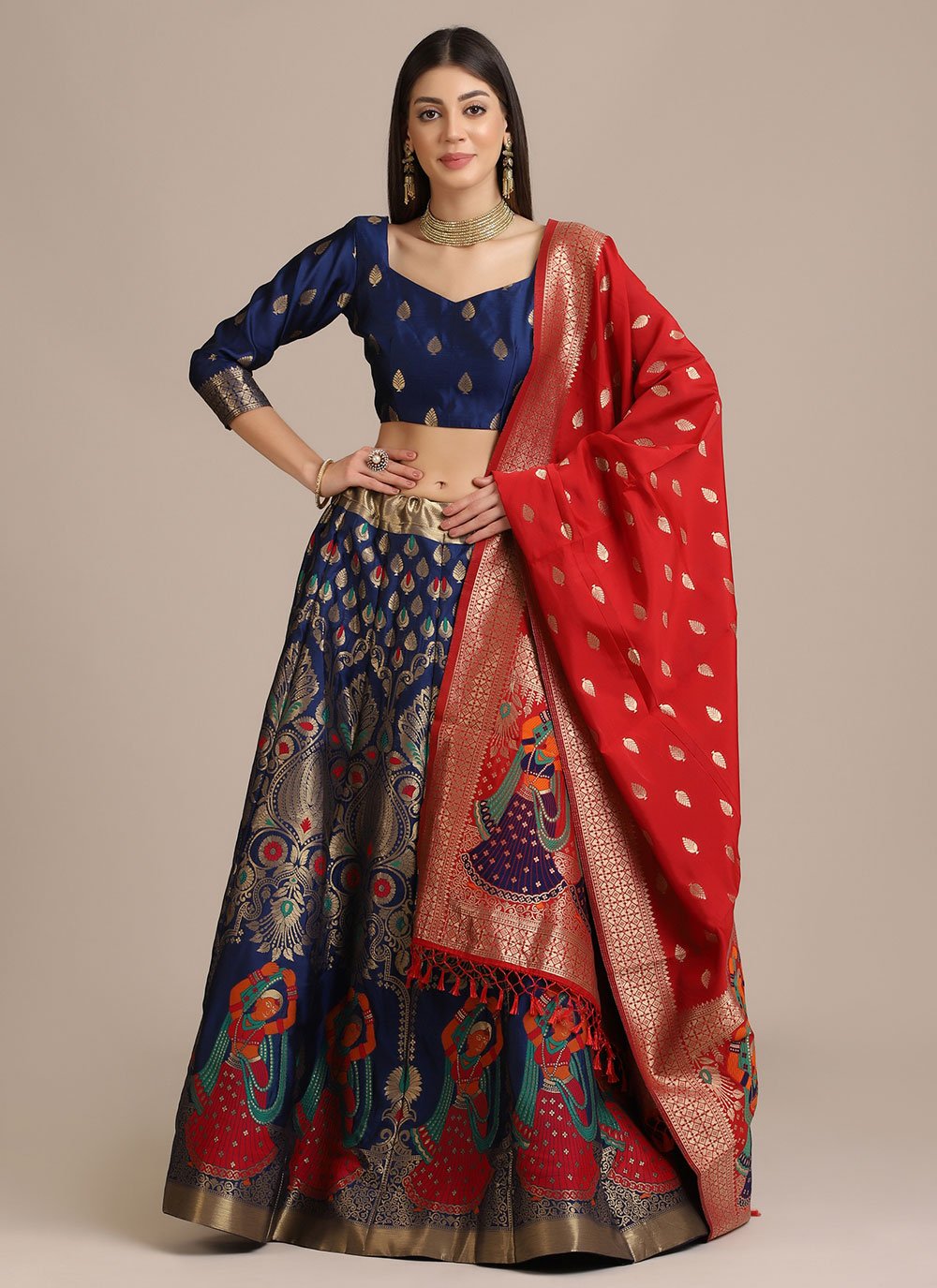 A Line Lehenga Jacquard Blue Woven Lehenga Choli