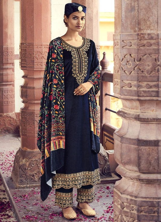 Salwar Suit Velvet Blue Embroidered Salwar Kameez