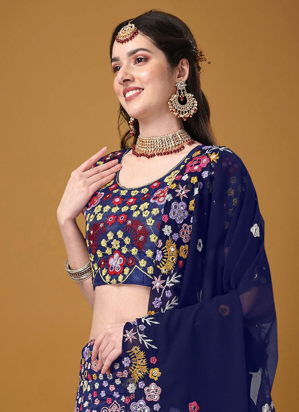 A Line Lehenga Satin Silk Blue Embroidered Lehenga Choli