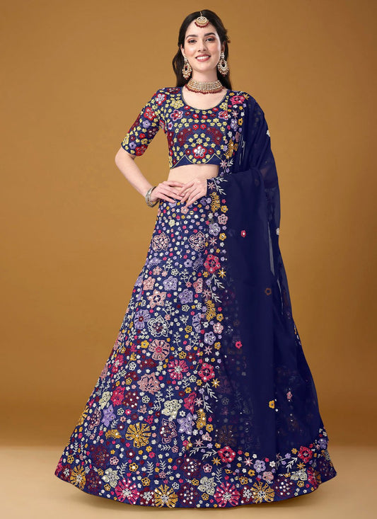 A Line Lehenga Satin Silk Blue Embroidered Lehenga Choli