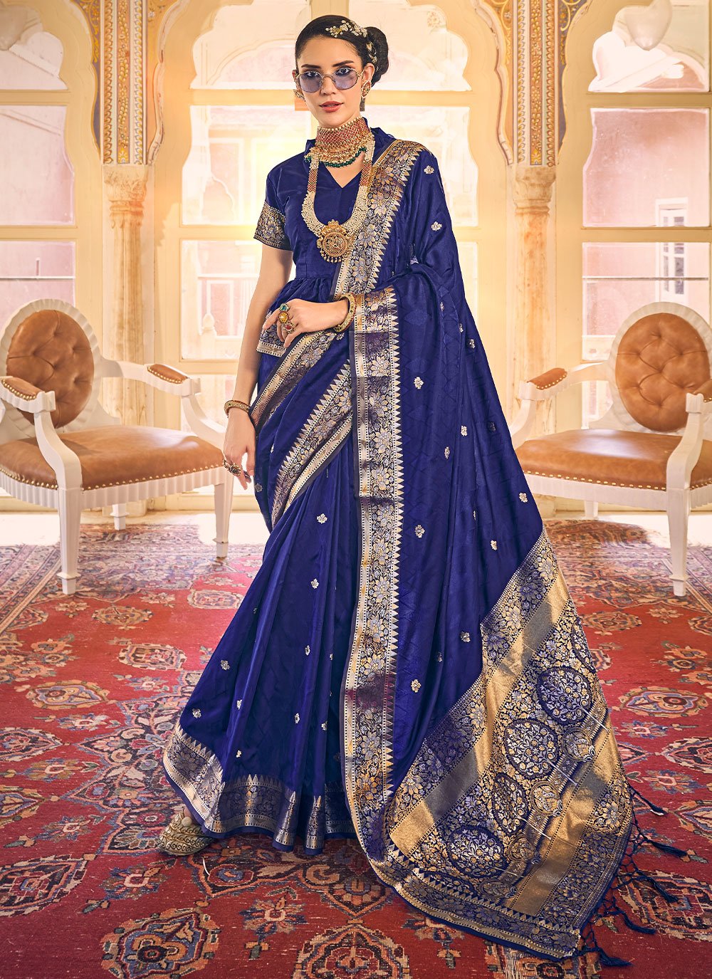 Contemporary Satin Silk Blue Weaving Saree