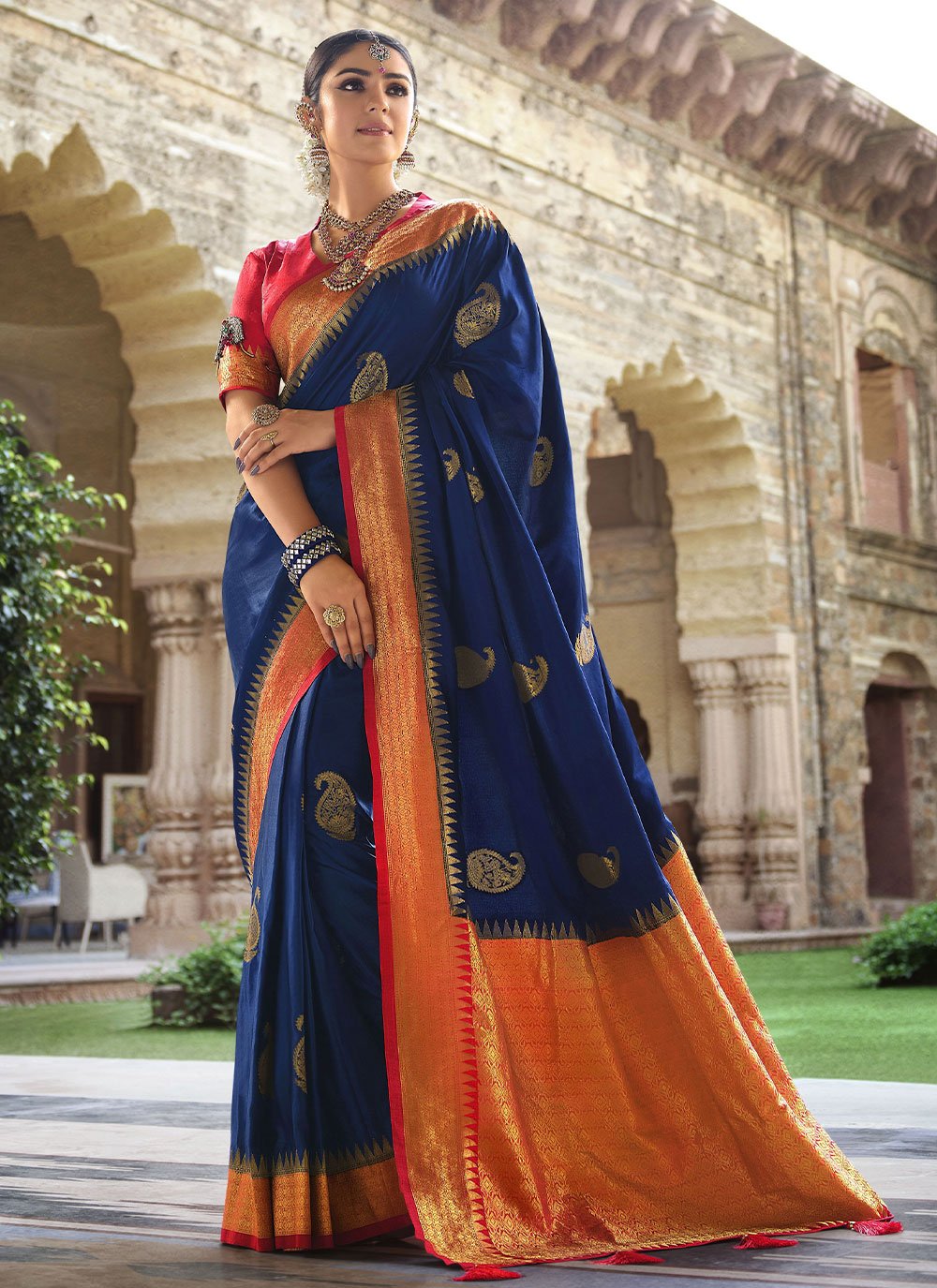 Contemporary Satin Silk Blue Weaving Saree