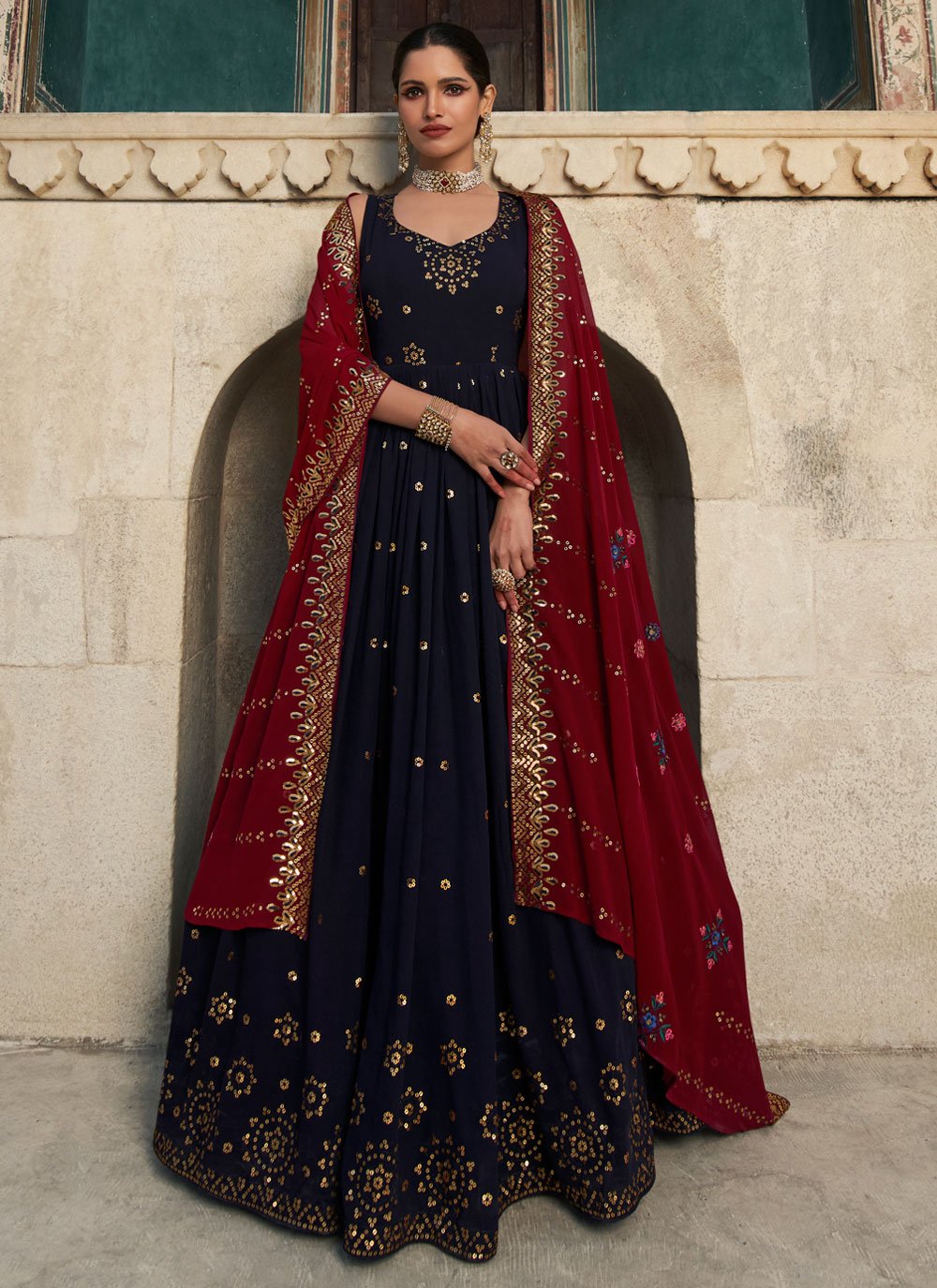 Gown Georgette Blue Embroidered Gown