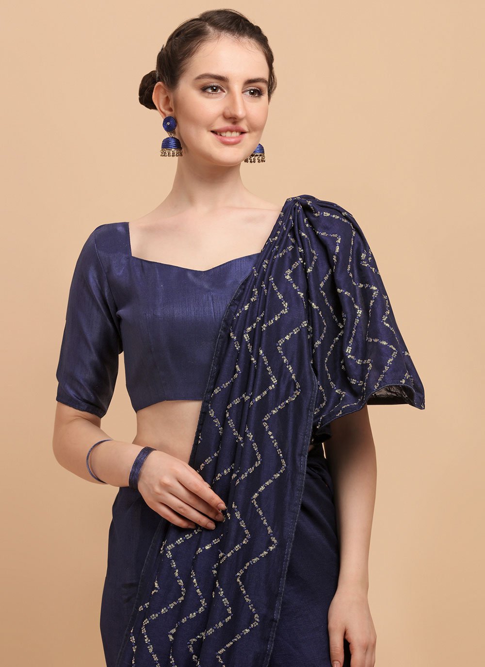 Classic Vichitra Silk Blue Sequins Saree