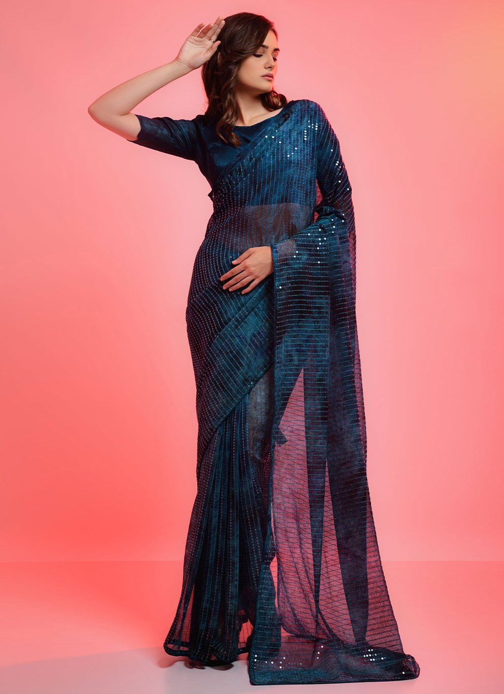 Contemporary Georgette Blue Sequins Saree