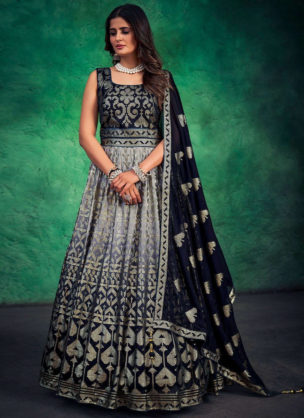 Designer Gown Georgette Blue Sequins Gown