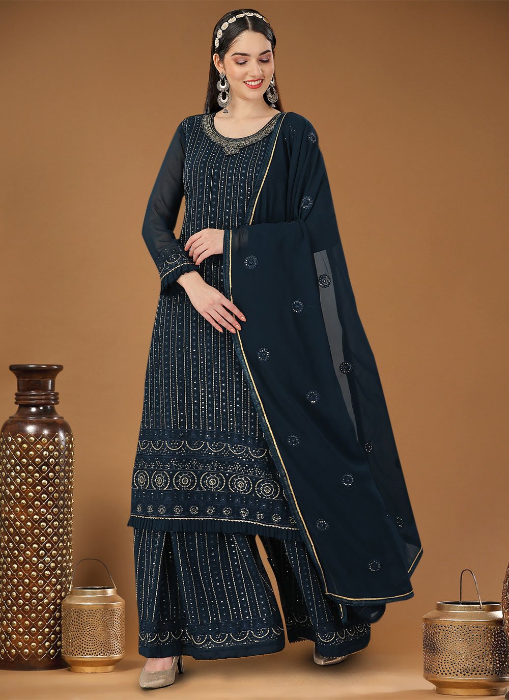 Salwar Suit Georgette Blue Embroidered Salwar Kameez