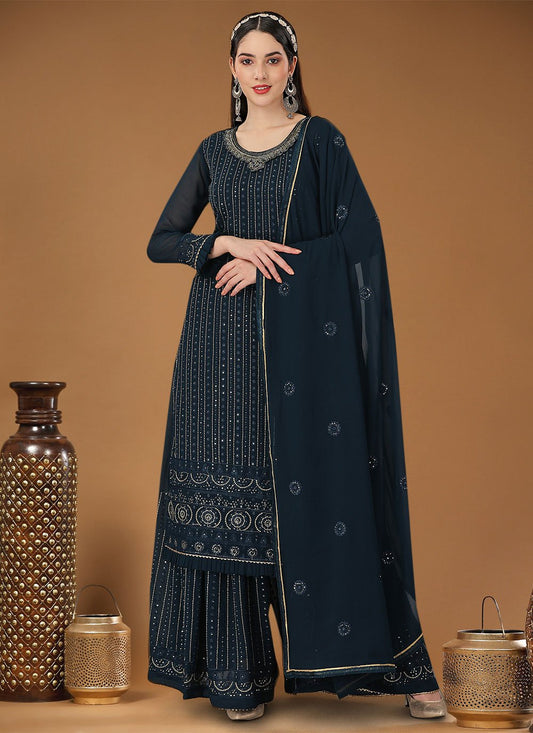 Salwar Suit Georgette Blue Embroidered Salwar Kameez