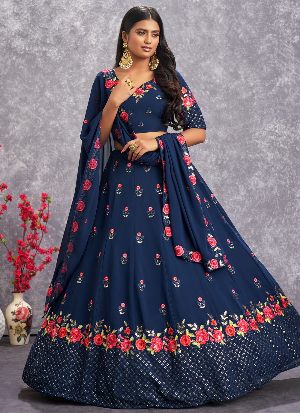 A Line Lehenga Georgette Blue Embroidered Lehenga Choli