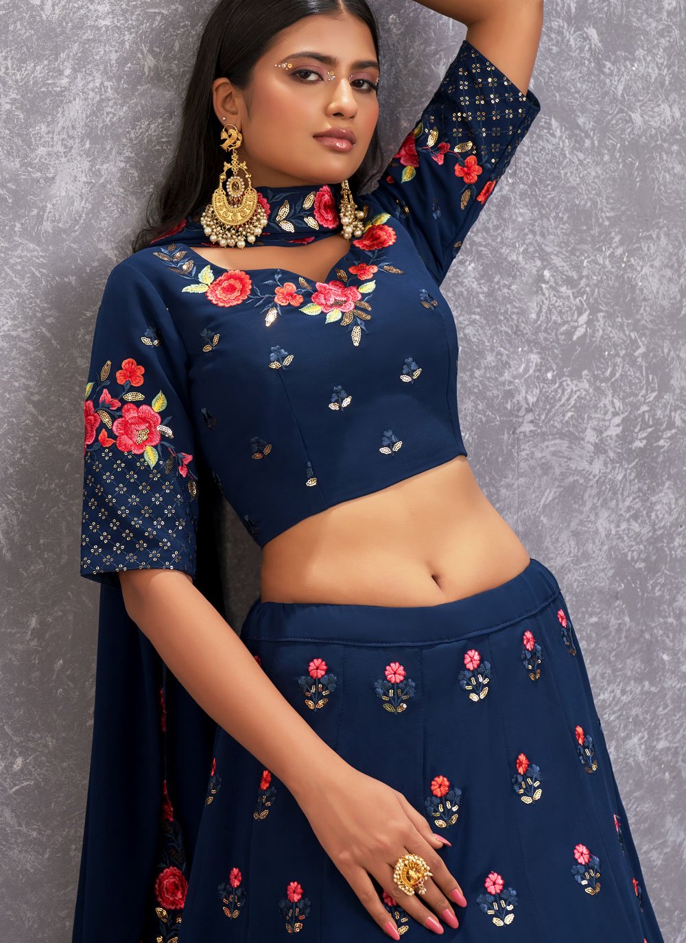 A Line Lehenga Georgette Blue Embroidered Lehenga Choli