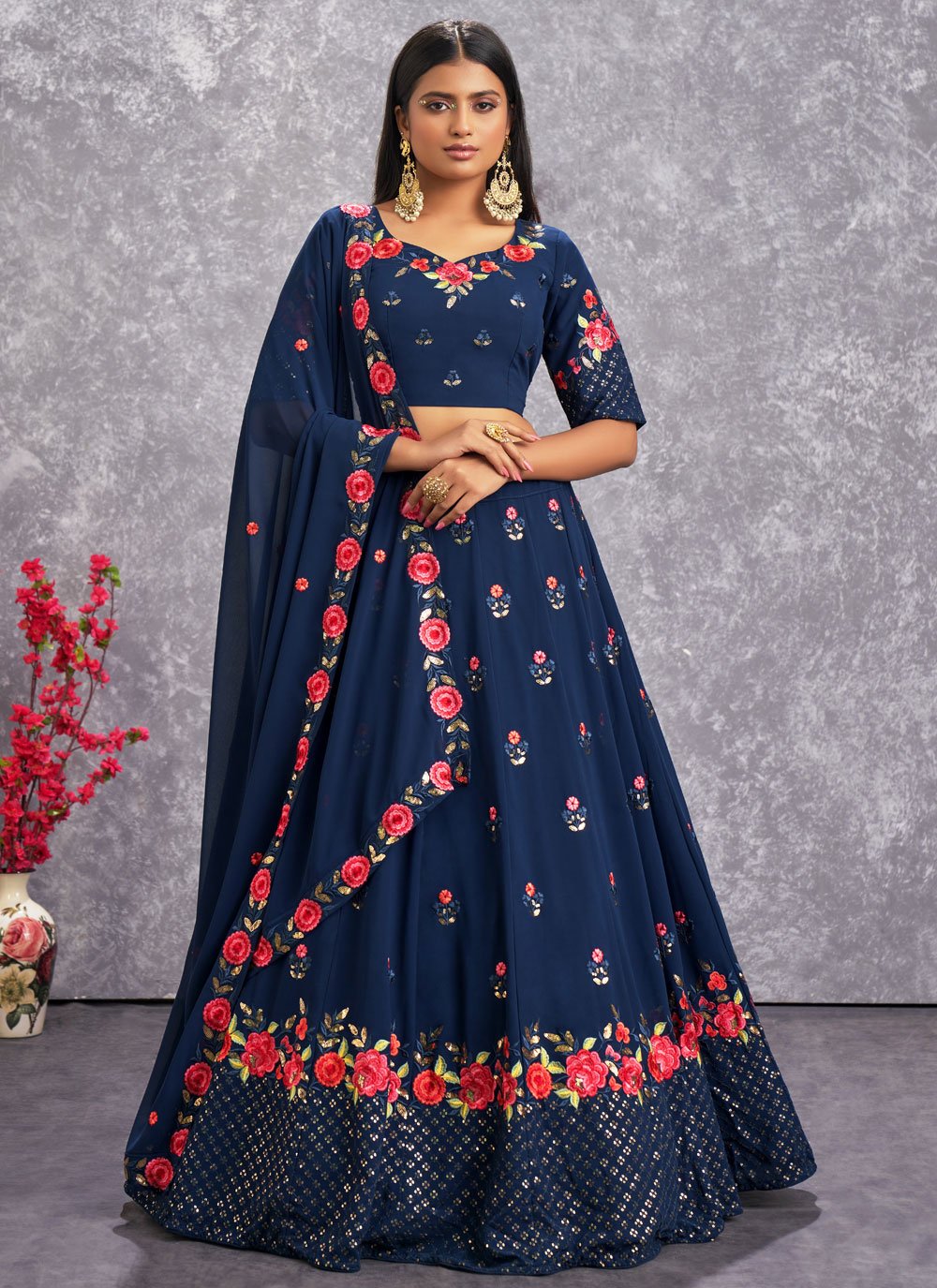 A Line Lehenga Georgette Blue Embroidered Lehenga Choli