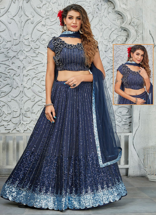 Lehenga Choli Satin Silk Blue Embroidered Lehenga Choli