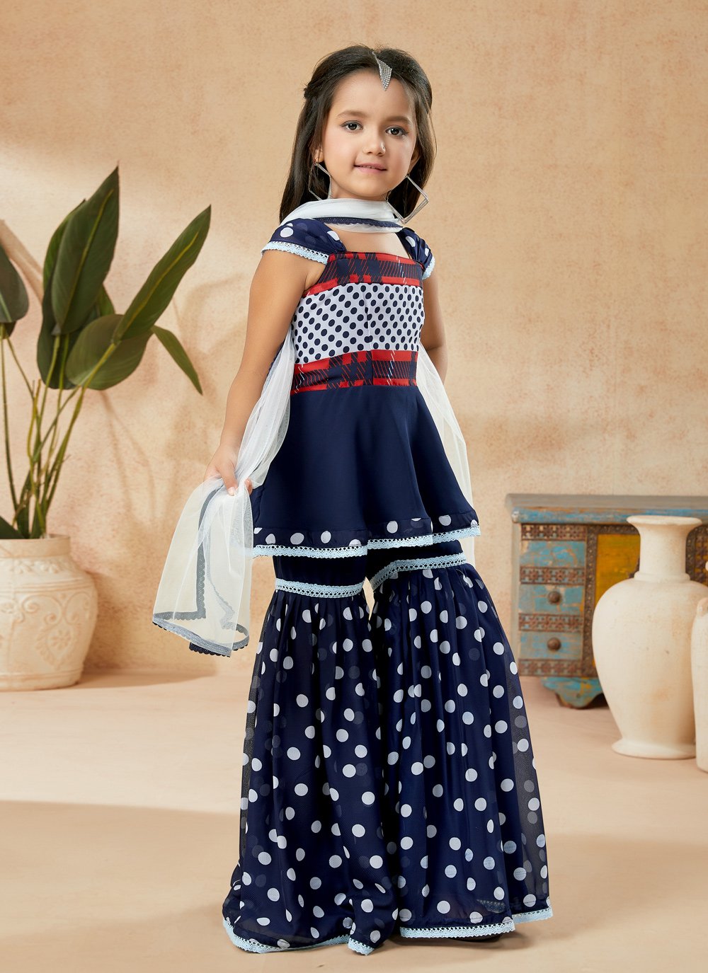 Sharara Set Faux Georgette Blue Polka Dotted Kids