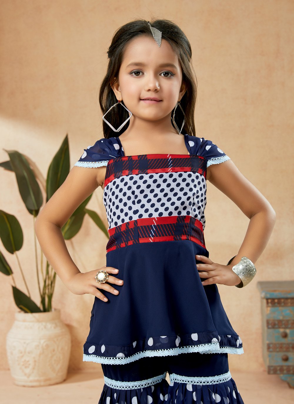 Sharara Set Faux Georgette Blue Polka Dotted Kids