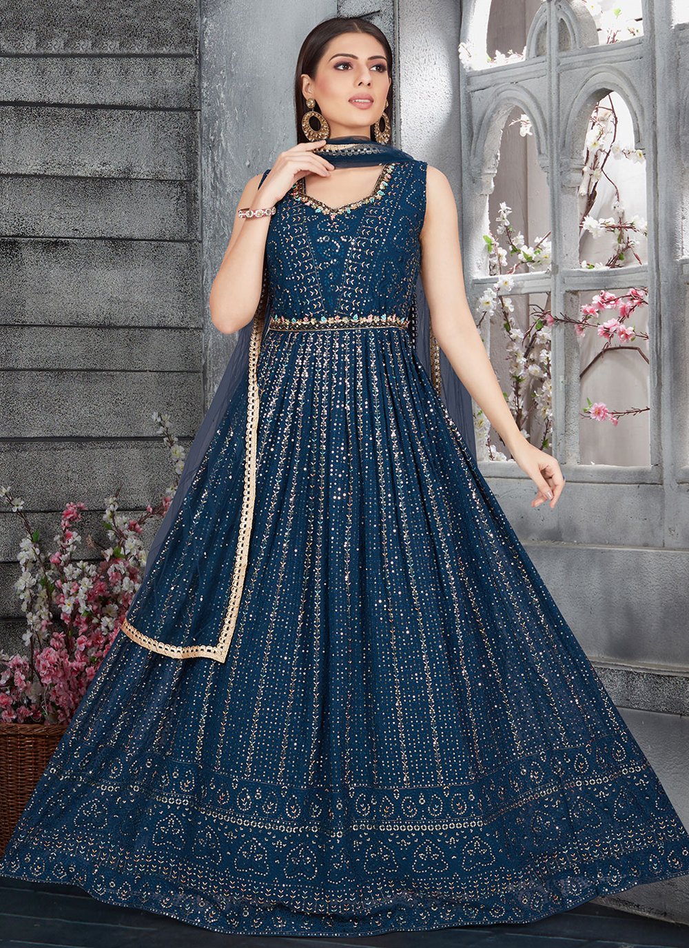 Gown Georgette Blue Embroidered Gown