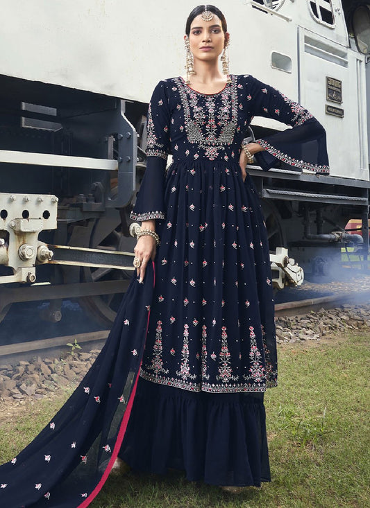 Palazzo Salwar Suit Georgette Blue Embroidered Salwar Kameez