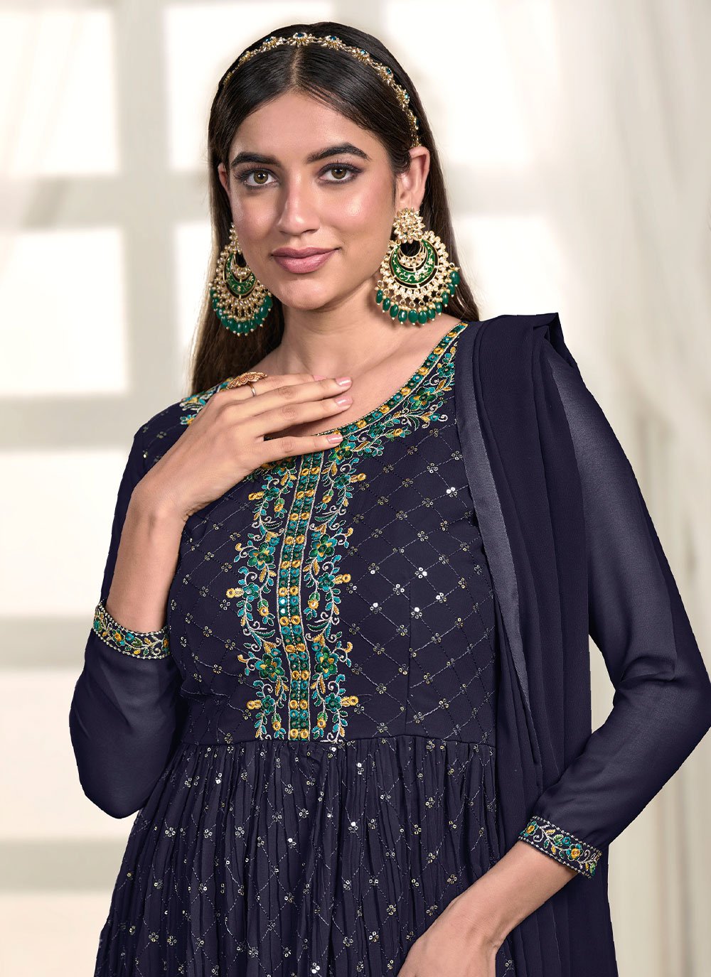 Floor Lenght Salwar Suit Georgette Blue Embroidered Salwar Kameez