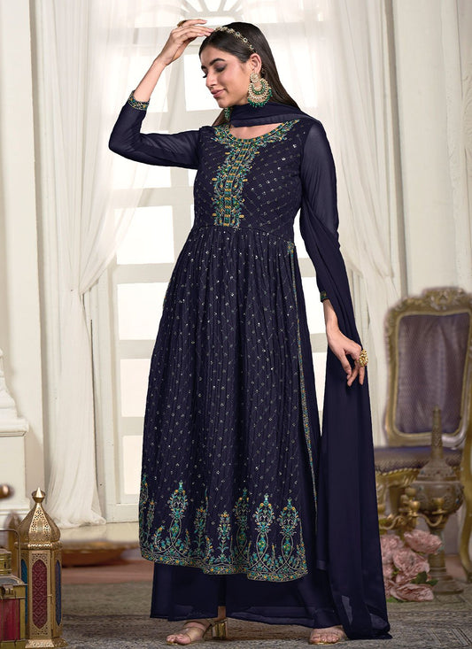 Floor Lenght Salwar Suit Georgette Blue Embroidered Salwar Kameez