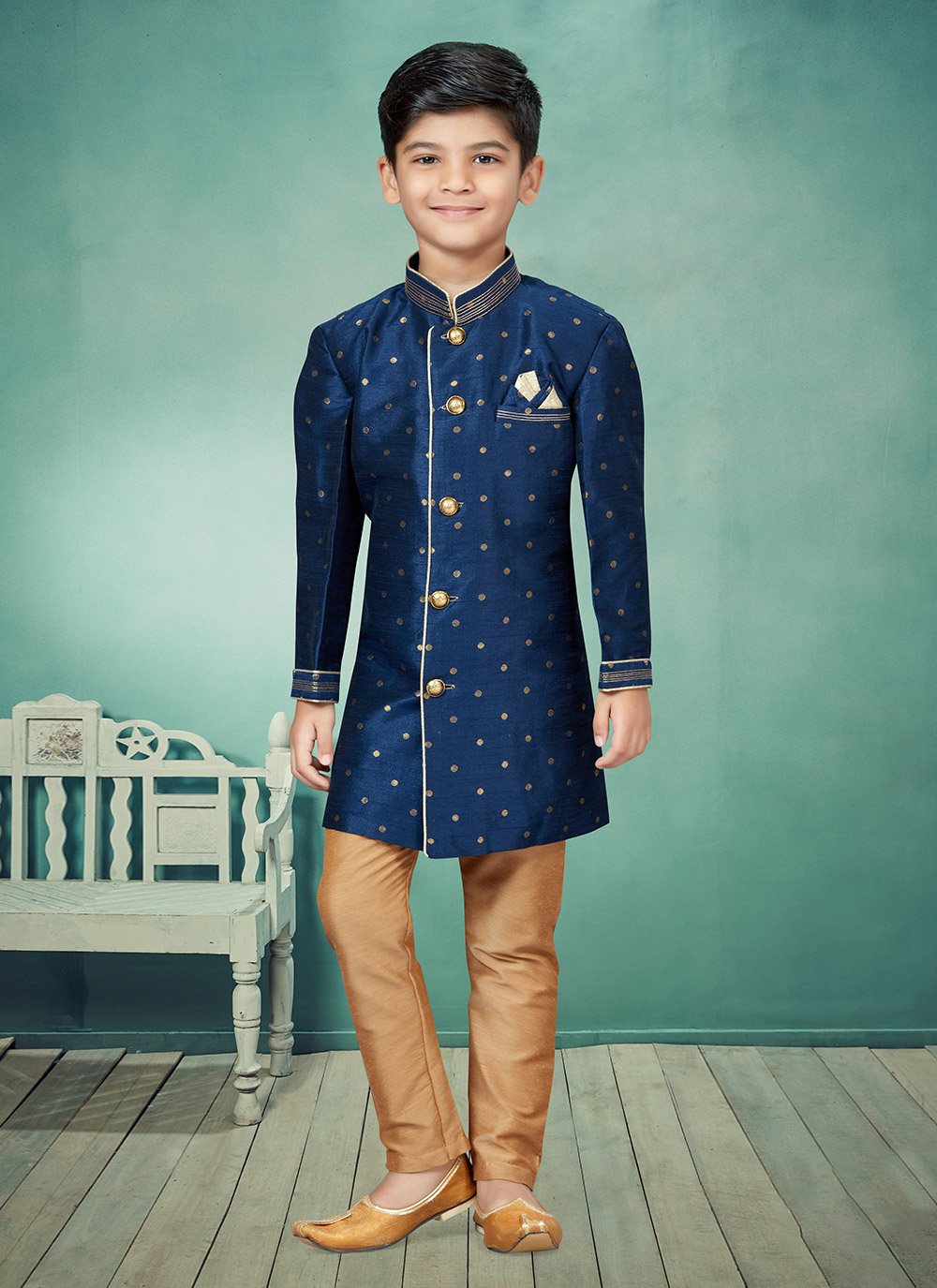 Indo Western Malbari Silk Blue Lace Kids