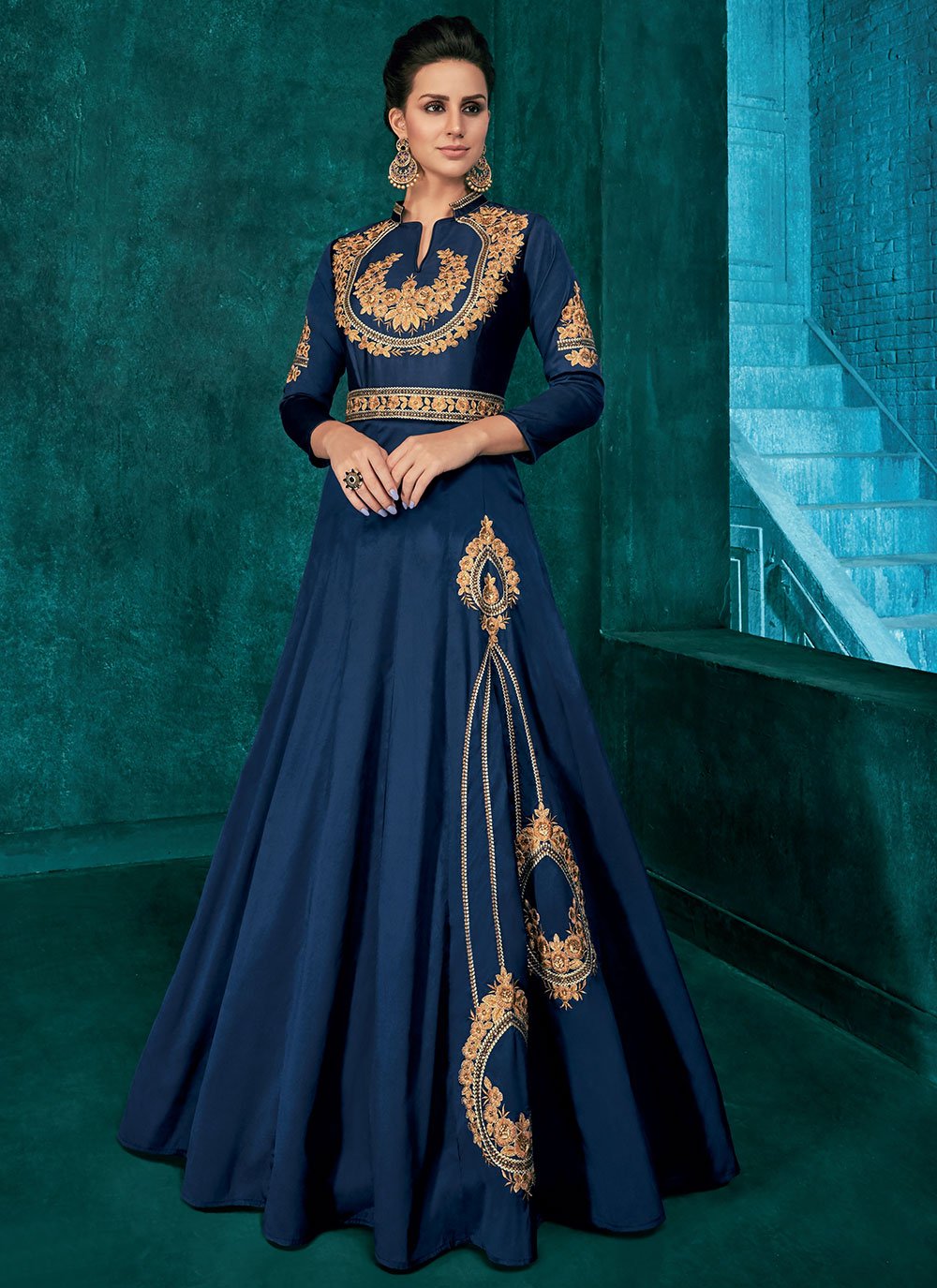 Gown Silk Blue Embroidered Gown