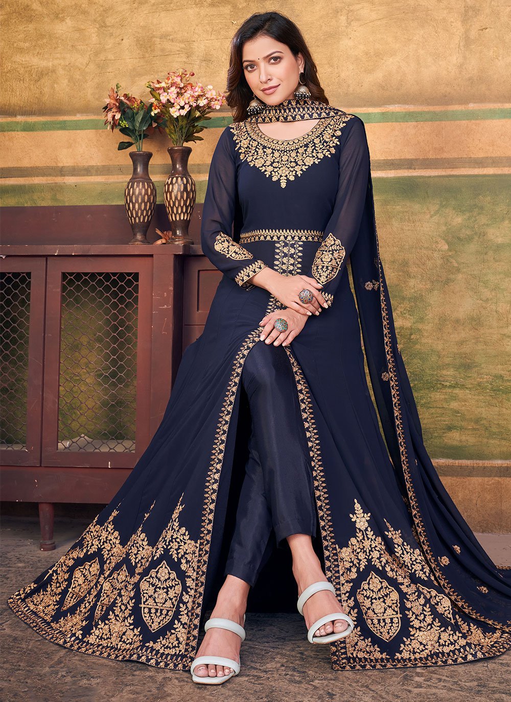 Salwar Suit Faux Georgette Blue Embroidered Salwar Kameez