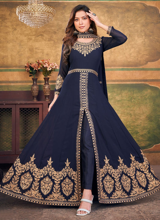 Salwar Suit Faux Georgette Blue Embroidered Salwar Kameez