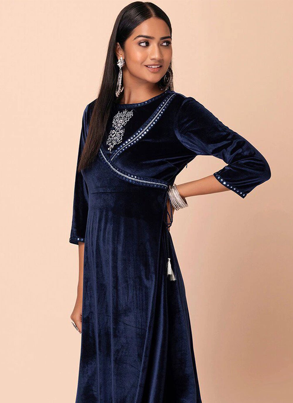 Designer Kurti Velvet Blue Embroidered Kurtis