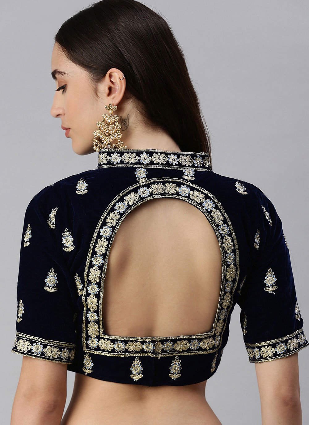 Designer Blouse Velvet Blue Embroidered Blouse