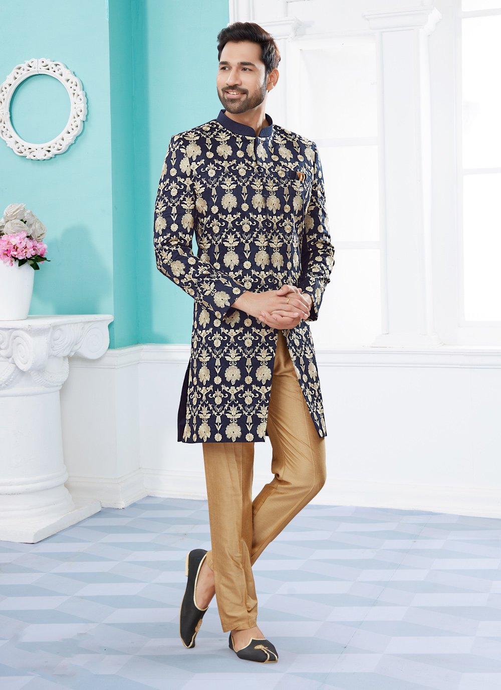 Indo Western Sherwani Velvet Blue Machine Embroidery Mens