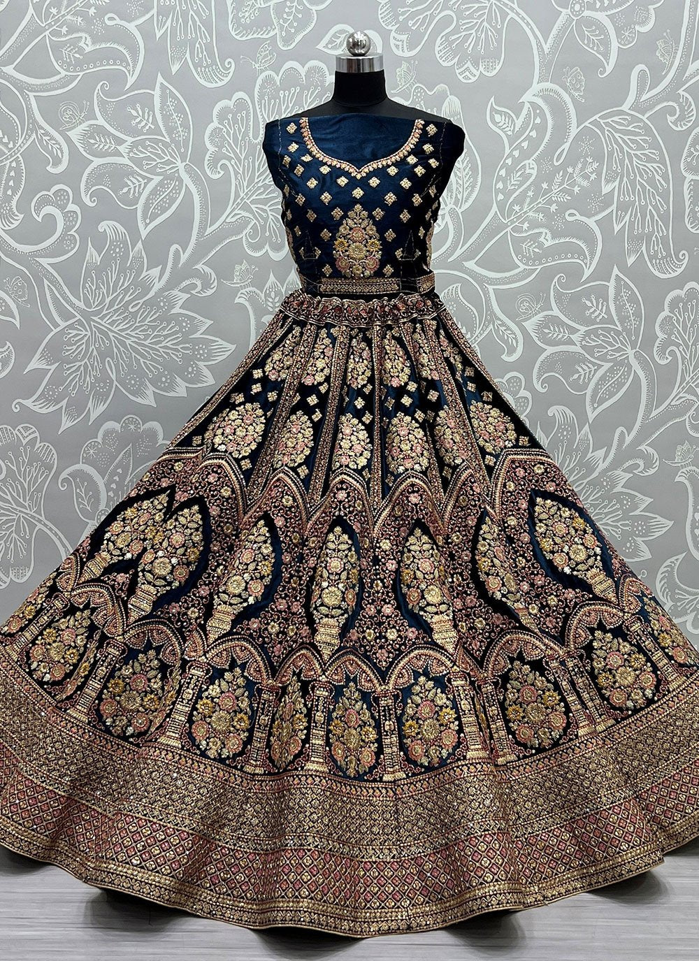 Lehenga Choli Velvet Blue Dori Work Lehenga Choli