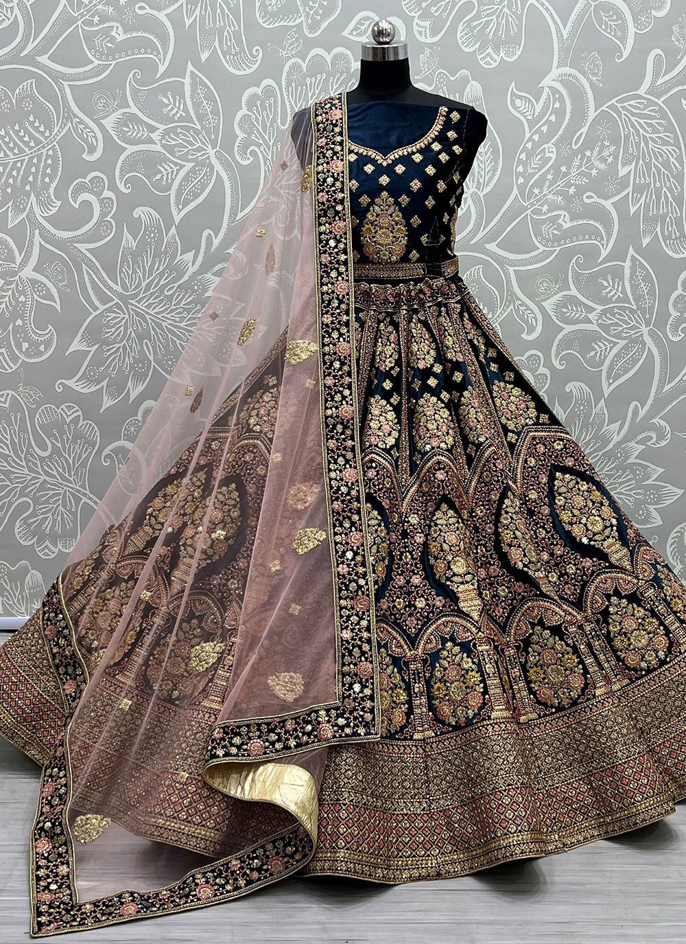 Lehenga Choli Velvet Blue Dori Work Lehenga Choli