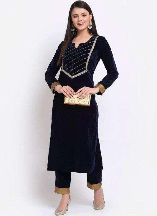 Casual Kurti Velvet Blue Embroidered Kurtis