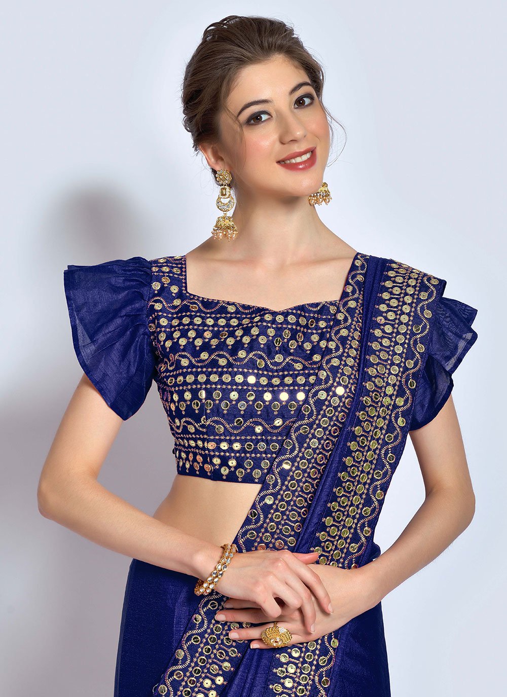 Contemporary Vichitra Silk Blue Embroidered Saree