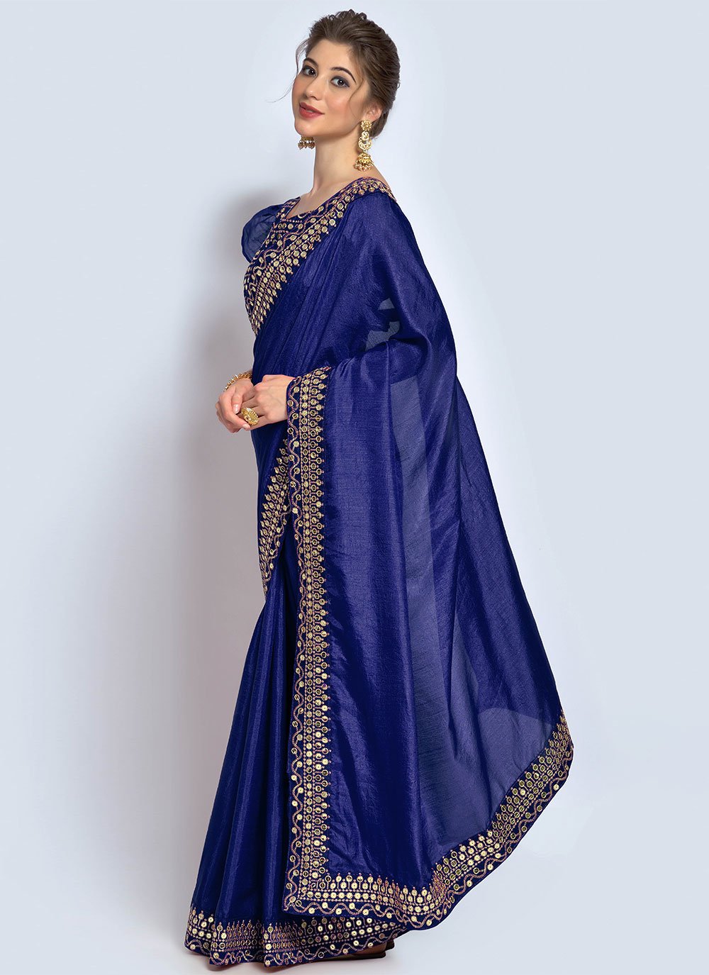 Contemporary Vichitra Silk Blue Embroidered Saree