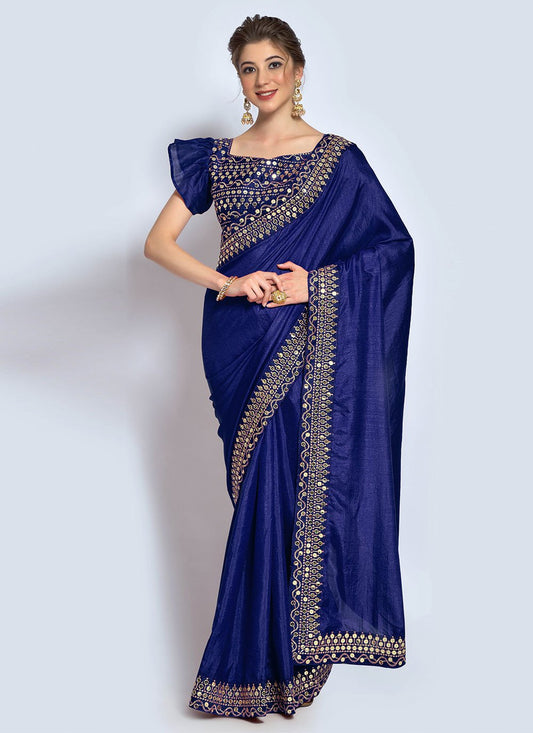Contemporary Vichitra Silk Blue Embroidered Saree