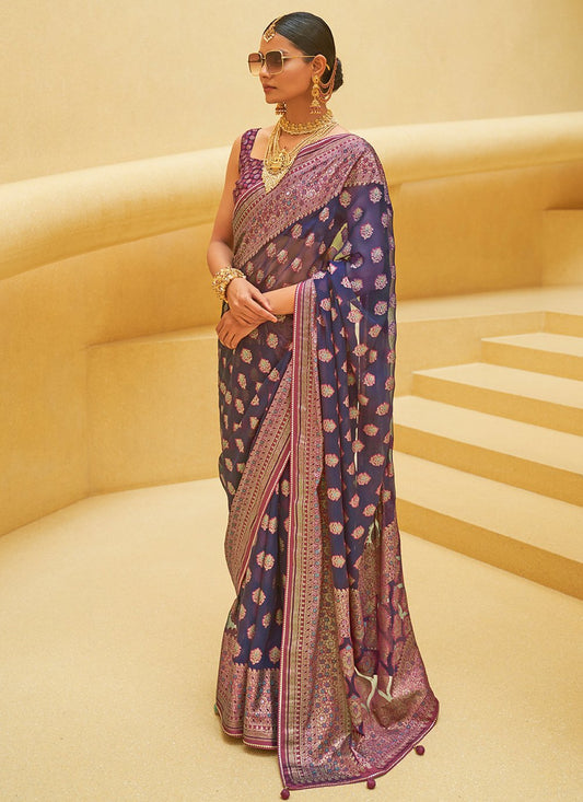 Traditional Saree Brasso Organza Blue Weaving Saree