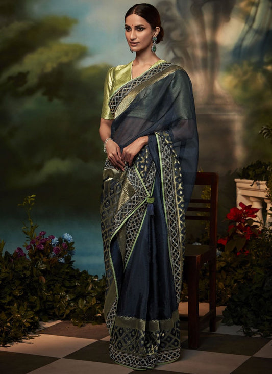 Classic Fancy Fabric Blue Fancy Work Saree