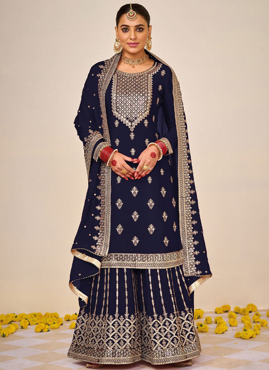 Salwar Suit Faux Georgette Blue Embroidered Salwar Kameez