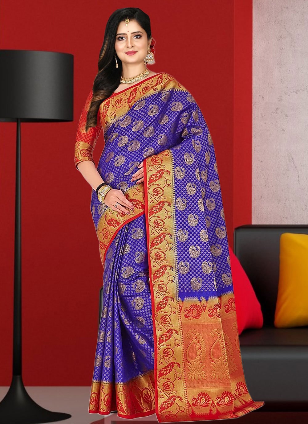 Contemporary Kanjivaram Silk Blue Hand Work Saree